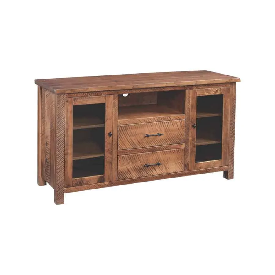 Criswell Furniture Farmington TV Stand 1860-F with wood cabinet, glass doors, open shelf, and drawers