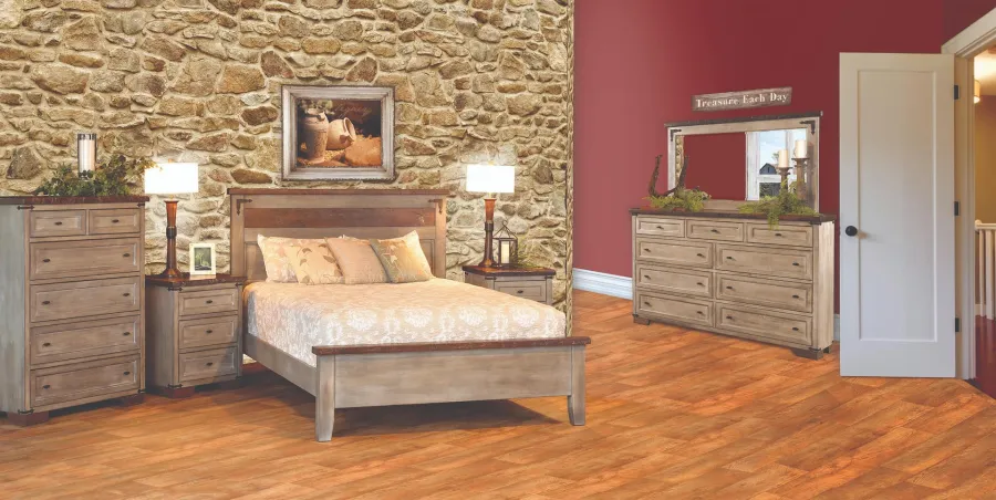 Criswell Furniture Farmhouse Heritage bedroom collection with panel bed, dresser, mirror, chest, and nightstand