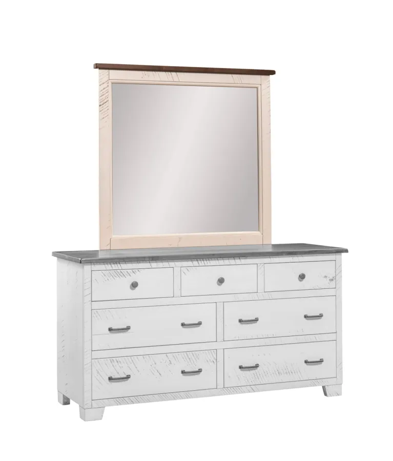 Criswell Furniture Easy Tymes double dresser with matching mirror, white distressed finish, gray top, and dark wood trim